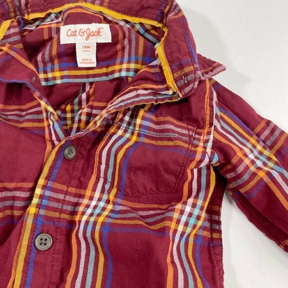 Cat & Jack Maroon Plaid Long Sleeve Button Down Shirt Baby Sz 18 month - Picture 3 of 7